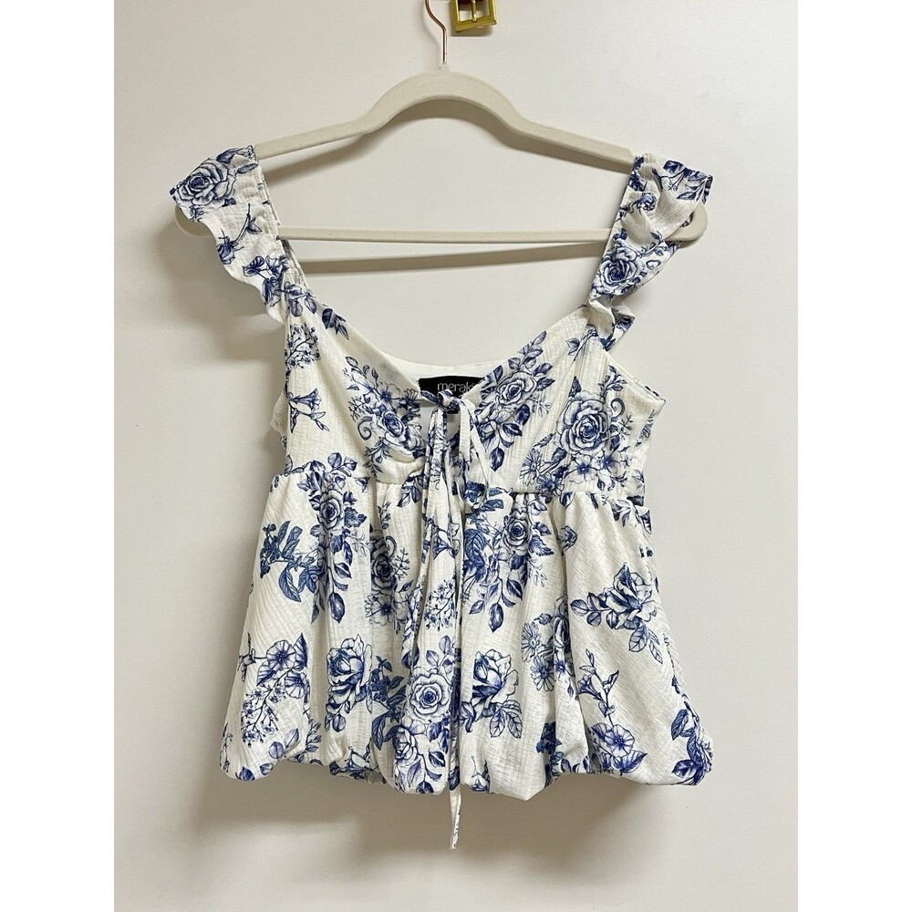 Meraki Babydoll Cami Top S Blue Floral Bubble Hem Cottage Flirty Fairy Coastal